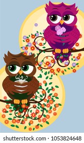 Background with a cute owls sitting on the branch