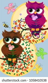Background with a cute owls sitting on the branch