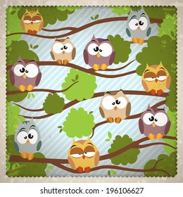 Background with a cute owls sitting on the branch 