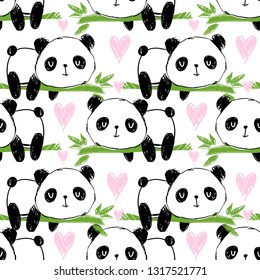 Background with cute pandas and bamboo, Vector illustration. cartoon character pattern seamless.