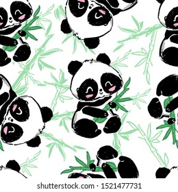 Background with cute pandas and bamboo, vector illustration. cartoon character pattern seamless.