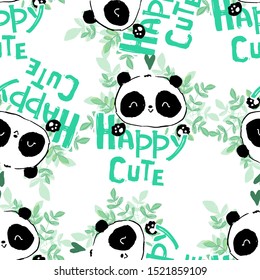 Background with cute pandas and bamboo, vector illustration. cartoon character pattern seamless.