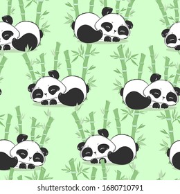 Hintergrund mit süßen Pandas und Bambus, Vektorillustration. Zeichentrickmuster nahtlos.