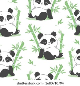 Background with cute pandas and bamboo, vector illustration. cartoon character pattern seamless.