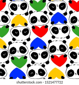 Background with cute pandas and color heart, illustration. cartoon character pattern seamless.