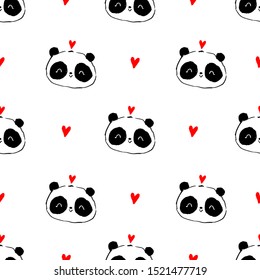 Background with cute pandas and heart, illustration. cartoon character pattern seamless.