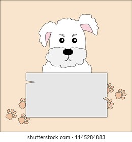 Background with cute puppy. Dog holding banner or board. Vector illustration of cartoon animal with traces.