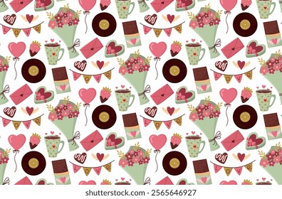 Background with cute romantic objects for Valentine's Day. Seamless pattern with flowers, chocolate, record, cup, garland, letter and gift box