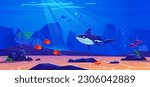 Background of a cute shark swimming on the sea bottom for game design. Coral reef, fish, starfish, seaweed, and other underwater creatures live deep on the ocean floor. Cartoon vector illustration.