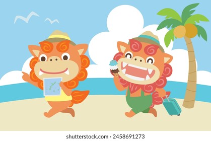 Background with cute shisa traveling  vector illustration