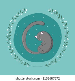 Background with cute sleeping cat. Greeting  card with animal.