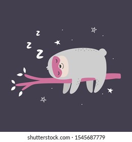 Background with cute sleeping sloth. Card with cartoon animal
