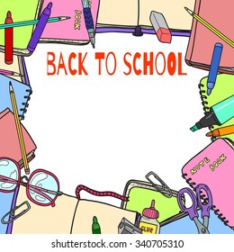 Background with cute stationery and text "Back to School"