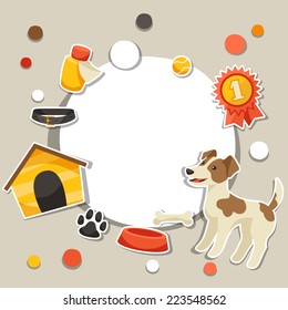Background with cute sticker dog, icons and objects.
