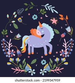Background with cute Unicorn in wreath bright flowers and leaves. Fairy Unicorn, can be used as creating card, banner, birthday and other holidays. Vector illustration.