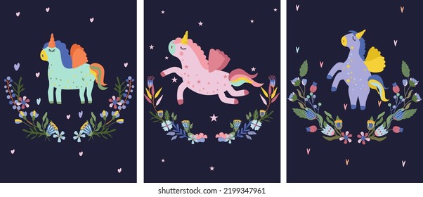 Background with cute Unicorn in wreath bright flowers and leaves. Fairy Unicorn, can be used as creating card, banner, birthday and other holidays. Vector illustration.