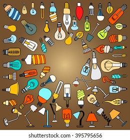 Background of Cute Vintage Bulb Doodle. Vector illustration.