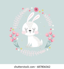 Background with cute white rabbit and floral frame.Vector illustration.
