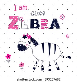 Background with cute zebra with floral elements and lettering for t-shirt design, baby shower, greeting card