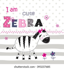 Background with cute zebra with floral elements and lettering for t-shirt design, baby shower, greeting card