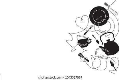  Background with Cutlery. One Line Drawing of Isolated Kitchen Utensils. Cooking Design Poster.  Black and white style. Vector illustration.