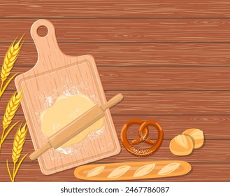 Hintergrund mit einem Schneidebrett, einem Nudelholz, den Weizenähren und den Keksen auf dem Holztisch. Bäckerei Hintergrund. Vektorillustration im flachen Design