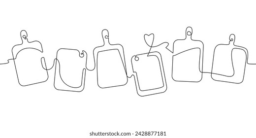Background with Cutting boards. Kitchen theme illustration. Culinary seamless pattern in continuous line drawing style. Can be yused as design element of cooking business advert, poster, wallpaper. 