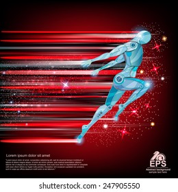 background with cyborg flying or runing with speed of light and motion blur track back for it