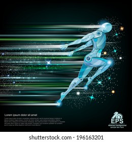 background with cyborg flying or running with speed of light and motion blur track back for it