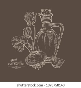 Background with cyclamen: cyclamen flowers, bud, root , leaves and bottle of cyclamen oil. Alpine violet. Vector hand drawn illustration