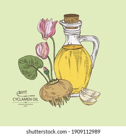 Background with cyclamen: cyclamen flowers, bud, root , leaves and bottle of cyclamen oil. Alpine violet. Vector hand drawn illustration