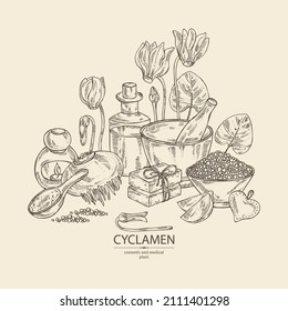 Background with cyclamen: cyclamen flowers, bud, root, leaves, bath salt, soap and beauty products. Alpine violet. Cosmetic, perfumery and medical plant. Vector hand drawn illust