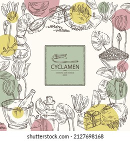 Background with cyclamen: cyclamen flowers, bud, root, leaves, bath salt, soap and beauty products. Alpine violet. Cosmetic, perfumery and medical plant. Vector hand drawn illust