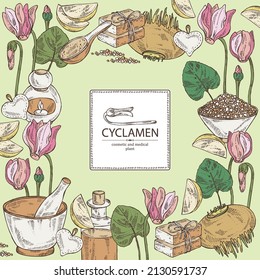 Background with cyclamen: cyclamen flowers, bud, root, leaves, bath salt, soap and beauty products. Alpine violet. Cosmetic, perfumery and medical plant. Vector hand drawn illust