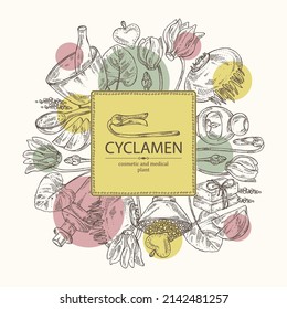 Background with cyclamen: cyclamen flowers, bud, root, leaves, bath salt, soap and beauty products. Alpine violet. Cosmetic, perfumery and medical plant. Vector hand drawn illust