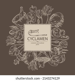 Background with cyclamen: cyclamen flowers, bud, root, leaves, bath salt, soap and beauty products. Alpine violet. Cosmetic, perfumery and medical plant. Vector hand drawn illust