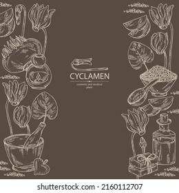 Antecedentes con ciclamen: flores de ciclamen, brote, raíz, hojas, sal de baño, jabón y productos de belleza. Violeta alpina. Cosmética, perfumería y planta médica. Ilustración dibujada a mano por vectores