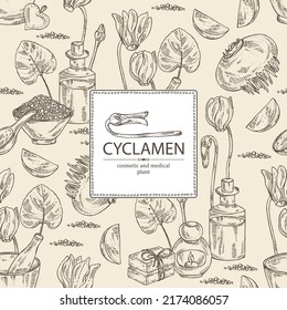 Antecedentes con ciclamen: flores de ciclamen, brote, raíz, hojas, sal de baño, jabón y productos de belleza. Violeta alpina. Cosmética, perfumería y planta médica. Ilustración dibujada a mano por vectores