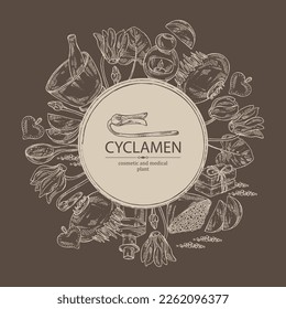 Background with cyclamen: cyclamen flowers, bud, root, leaves, bath salt, soap and beauty products. Alpine violet. Cosmetic, perfumery and medical plant. Vector hand drawn illust