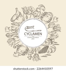 Background with cyclamen: cyclamen flowers, bud, root, leaves, bath salt, soap and beauty products. Alpine violet. Cosmetic, perfumery and medical plant. Vector hand drawn illust