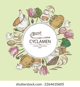 Antecedentes con ciclamen: flores de ciclamen, brote, raíz, hojas, sal de baño, jabón y productos de belleza. Violeta alpina. Cosmética, perfumería y planta médica. Ilustración dibujada a mano por vectores