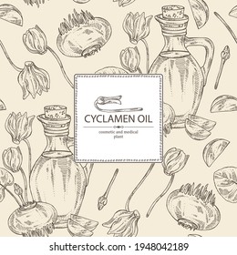 Background with cyclamen: cyclamen flowers with buds and leaves, root and bottle of cyclamen oil. Alpine violet. Vector hand drawn illustration