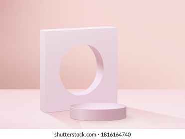 Background cylinder abstract minimal scene with green leaf geometric platform. Background vector 3d rendering with podium. stand to show cosmetic product. Stage pedestal modern 3d studio pink pastel