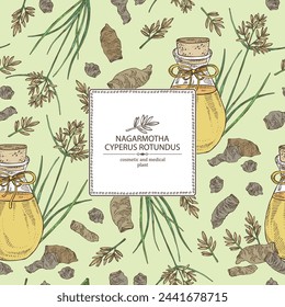 Background cyperus rotundus: cyperus rotundus plant, nagarmotha leaves and cyperus rotundus roots and bottle of nagarmotha essential oil. Nagarmotha. Cosmetic, perfumery and medical plant