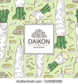 Background with daikon: root and a piece of daikon. Chinese radish. Vector hand drawn illustration.