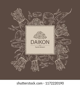 Background with daikon: root and a piece of daikon. Chinese radish. Vector hand drawn illustration.