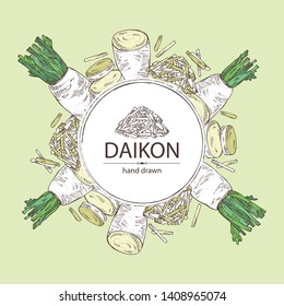 Background with daikon: root and a piece of daikon. Chinese radish. Vector hand drawn illustration. 