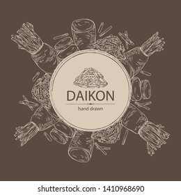 Background with daikon: root and a piece of daikon. Chinese radish. Vector hand drawn illustration. 