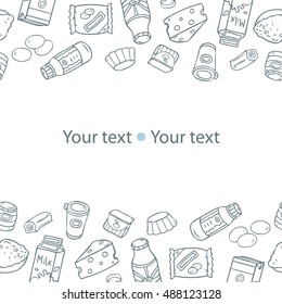 Background with dairy products. Cute simple linear template with different kinds of milk products.