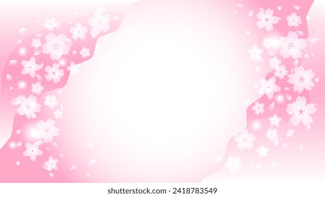 Background with dancing cherry blossom petals, frame image of cute pink cherry blossoms in full bloom, vector illustration material